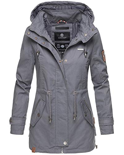 MARIKOO Damen Jacke Frühling Übergangsjacke leicht Parka Mantel Kapuze B690 [B690-Nyok-Dunkelgrau-Gr.S] von MARIKOO