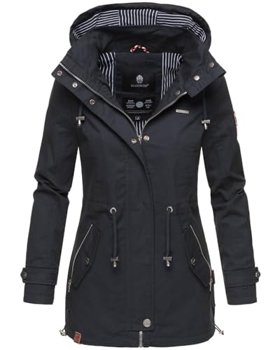 MARIKOO Damen Jacke Frühling Übergangsjacke leicht Parka Mantel Kapuze B690 [B690-Nyok-Navy-Gr.S] von MARIKOO
