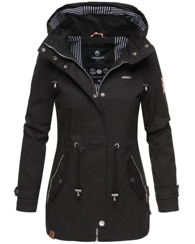 MARIKOO Damen Jacke Frühling Übergangsjacke leicht Parka Mantel Kapuze B690 [B690-Nyok-Schwarz-Gr.S] von MARIKOO