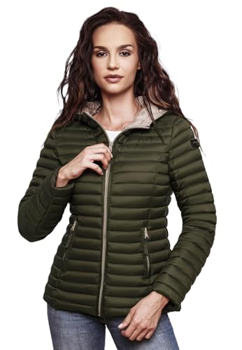 MARIKOO Damen Steppjacke Übergangsjacke gesteppte Jacke mit Kapuze Frühjahr Stepp B857 [B857-Asr-Olive-Gr.M] von MARIKOO