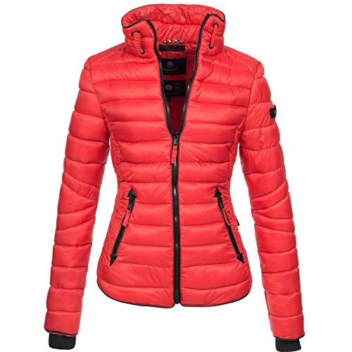 MARIKOO Damen Jacke Steppjacke Übergangsjacke gesteppt mit Kordeln Frühjahr Camouflage B405 [B405-Lola-Rot-Gr.XS] von MARIKOO