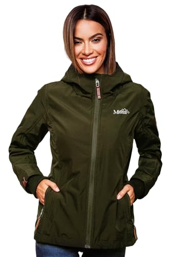 MARIKOO leichte Damen Übergangsjacke kurz Outdoor-Jacke mit Jersey-Innenfutter und großer Kapuze Brombeere Olive Gr. M von MARIKOO