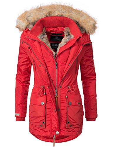 MARIKOO Damen Wintermantel Winter Parka mit abnehmbarem Kunstfell Grinsekatze Rot Gr. S von MARIKOO