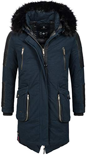 MARIKOO Herren Winter Jacke Winterjacke Parka warm lang Kunstfell Biker B644 [B644-Warrior-Navy-Gr.S] von MARIKOO