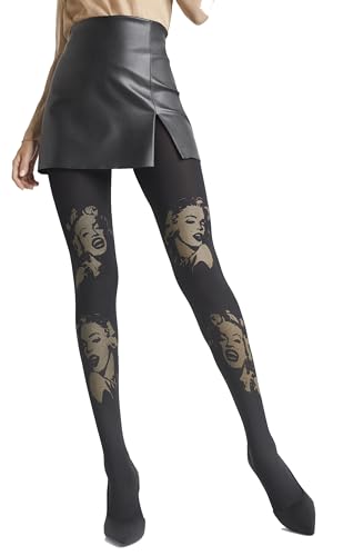 MARILYN ausser gewühnliche Strumpfhose Monroe Motiven, 60 Denier, Größe 42 (XL), Farbe Schwarz (black & gold) von MARILYN