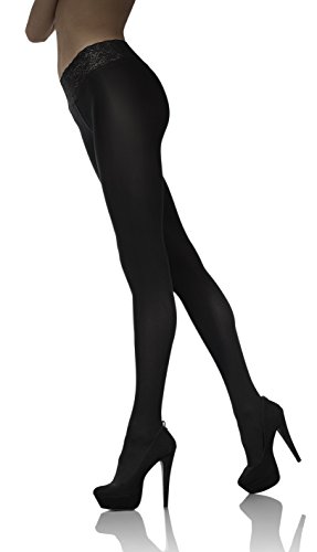 MARILYN erotische semi-transparente Damen Hüftstrumpfhose mit Spitze 50 Den Reizwäsche Strumpfhose mit Spitzenhüftband Schwarz von MARILYN