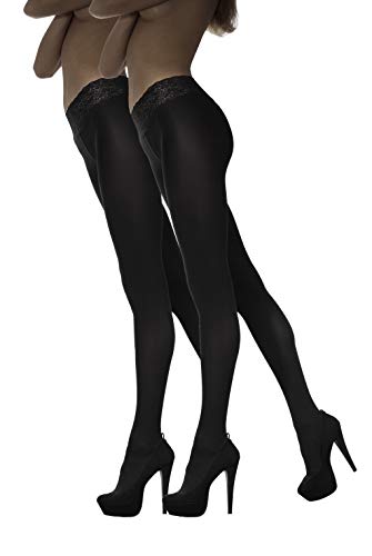 MARILYN blickdichte Hüftstrumpfhose mit 8 cm Spitze im 2er Pack, 50 Denier, Größe 40 (L), Farbe Schwarz (je 2x black) von MARILYN