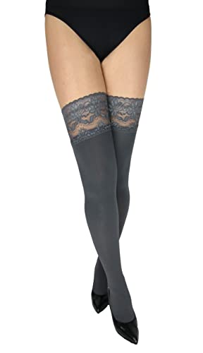 MARILYN blickdichte halterlose Strümpfe mit 9 cm Spitze, 100 Denier, Größe (S/M) 36/38, Farbe Grau (grigio) von MARILYN