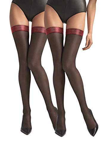 MARILYN elegante halterlose Strümpfe mit Lurex Band im 2er Pack, 40 Denier, Größe 40/42 (M/L), Farbe Schwarz (je 2x black & red) von MARILYN