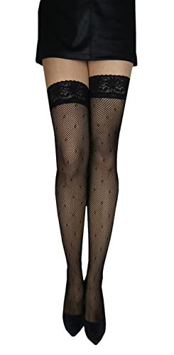 MARILYN gemusterte transparente halterlose Netz-Strümpfe 96 holes mit 7 cm Spitze, Größe 40/42 (M/L), Farbe Schwarz (black) von MARILYN