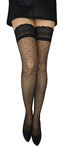 MARILYN halterlose gepunkte Strümpfe mit schönen 8cm Spitzen, Abschluss mit Silikon, 20 Denier, Größe 36/38 (S/M), Farbe Schwarz (black) von MARILYN