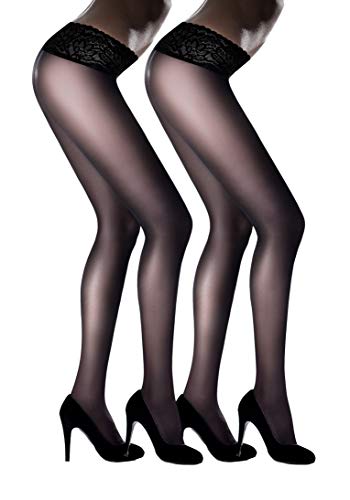 MARILYN halbtransparente Strumpfhose mit 7 cm Spitze, 30 Denier, Größe 36/38 (S/M), Farbe Schwarz (je 2x black) von MARILYN