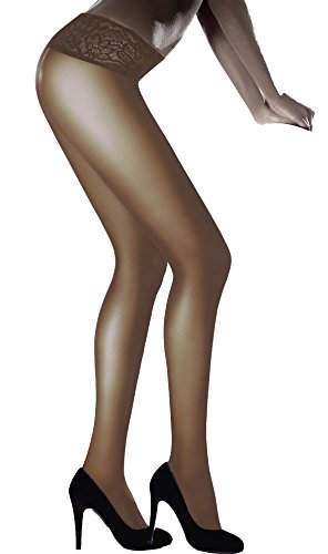 MARILYN modische, semi matte Hüftstrumpfhose mit komfortablem Spitzenhüftband und Flachnähten, 30 Denier, Größe 40 (L), Farbe Beige (je 3x visone) von MARILYN