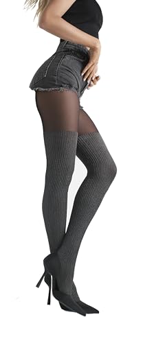 MARILYN modische leicht geripte Strumpfhose im Overknee look, 60 Denier, Größe 40/42 (M/L), Farbe Schwarz (black & silver) von MARILYN
