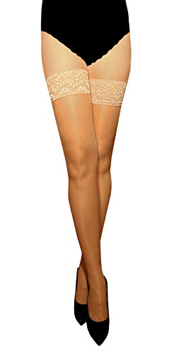 MARILYN transparente, halterlose Strümpfe mit 10 cm Silicon-Haftband-Spitze im Set, 15 Denier, Größe 42 (XL), Farbe Beige (je 2x visone) von MARILYN