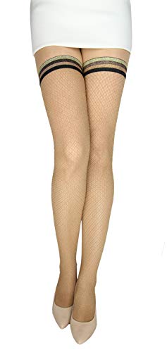 MARILYN transparente halterlose Jacquard Netz-Strümpfe, 32 Holes, mit 4 cm Spitze, mit Goldschimmer look, Größe 36/38 (S/M), Farbe Beige (beige & silver) von MARILYN