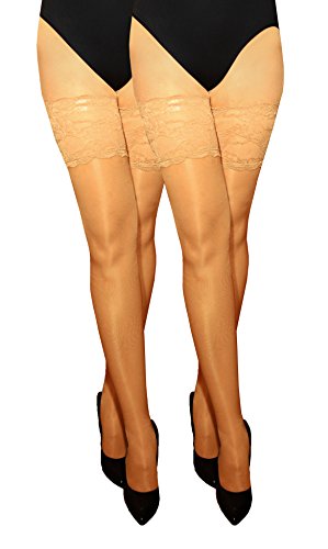 MARILYN transparente halterlose Strümpfe mit 15 cm Spitze, 2er Pack, 20 Denier, Größe 36/38 (S/M), Farbe 2x beige von MARILYN