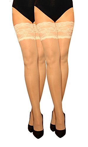 MARILYN transparente halterlose Strümpfe mit 15 cm Spitze, 2er Pack, 20 Denier, Größe 40/42 (M/L), Farbe 2x milch von MARILYN