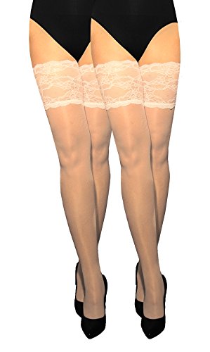 MARILYN transparente halterlose Strümpfe mit 15 cm Spitze, 2er Pack, 20 Denier, Größe 40/42 (M/L), Farbe 2x weiß von MARILYN