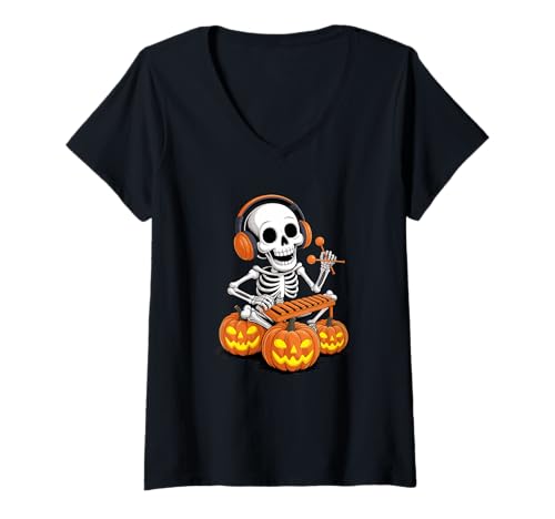 Damen Halloween Skelett Marimba Instrument T-Shirt mit V-Ausschnitt Damen Halloween Skelett Marimba Instrument T-Shirt mit V-Ausschnitt von Marimbas Instrument Marimba Player Gifts