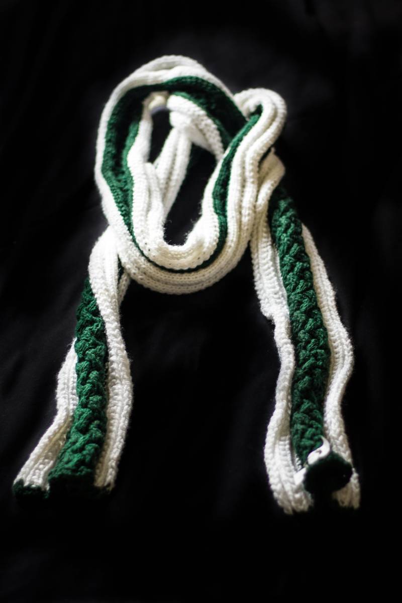 Handgemachter Langer Weiß-Grüner Schal Mit Mittelstreifen von MarinaCraftsea