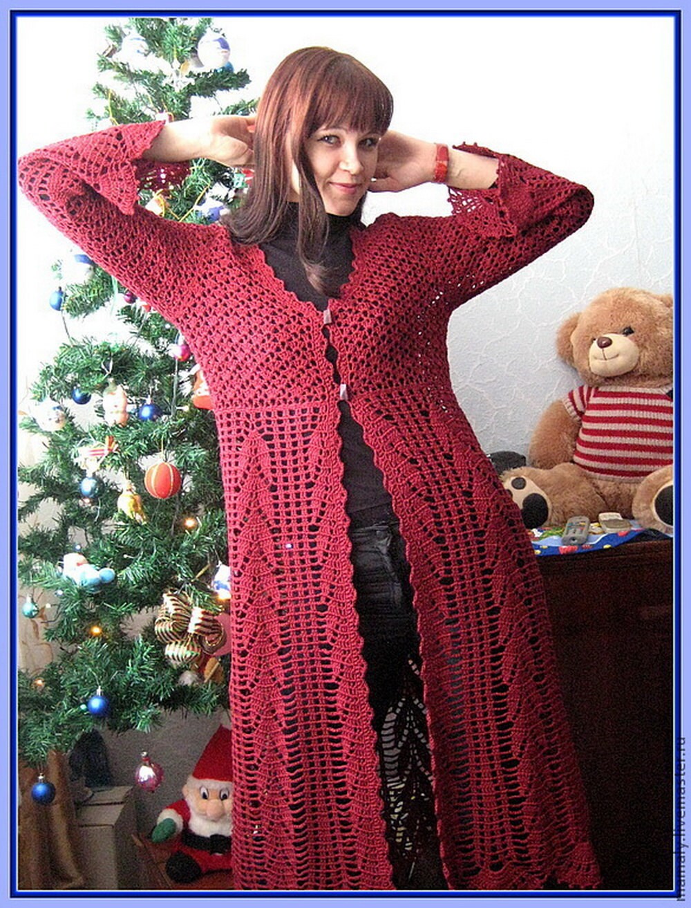 Gehäkelte Lange Strickjacke Ärmel Kirschrote Baumwolle, Hoher Bund von MarinaKoptyayeva