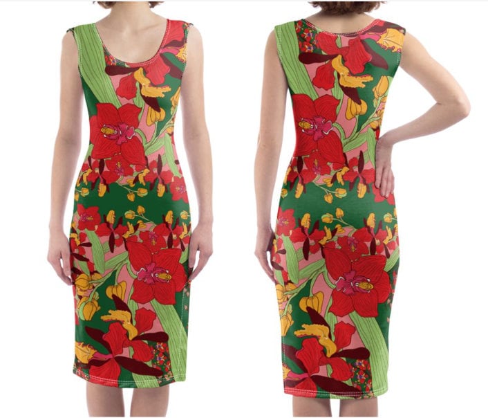 Cymbidium Orchidee Rot Kleid, Figurbetontes Ärmelloses Midi-Länge, Rosa Kleid Gelben Valentinstag Weihnachten Cymbidium Orchidee Rot Kleid, Figurbetontes Ärmelloses Midi-Länge, Rosa Kleid Gelben Valentinstag Weihnachten von MarinaPopska