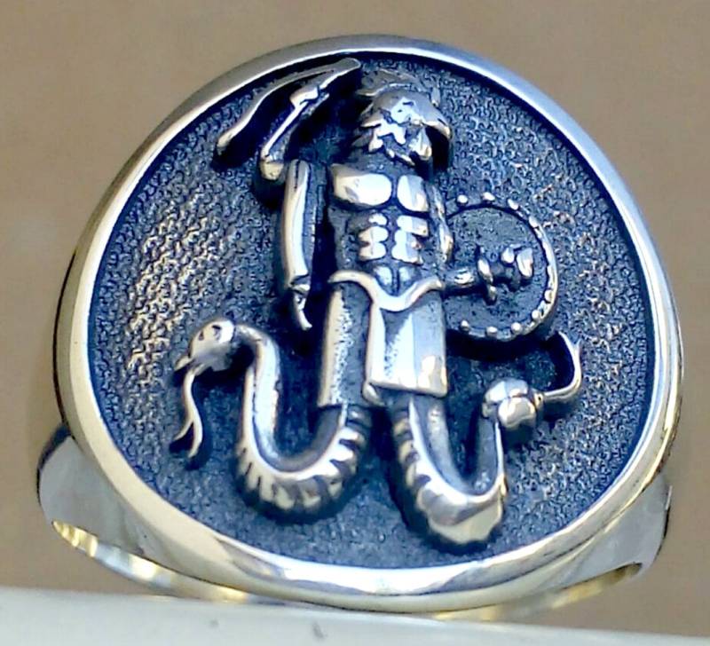 Abraxas Gnostic Gnosticism Magic Talisman Templars Handmade 3D Ring Massiv Sterling Silber 925 von MarinaSilverJewelry