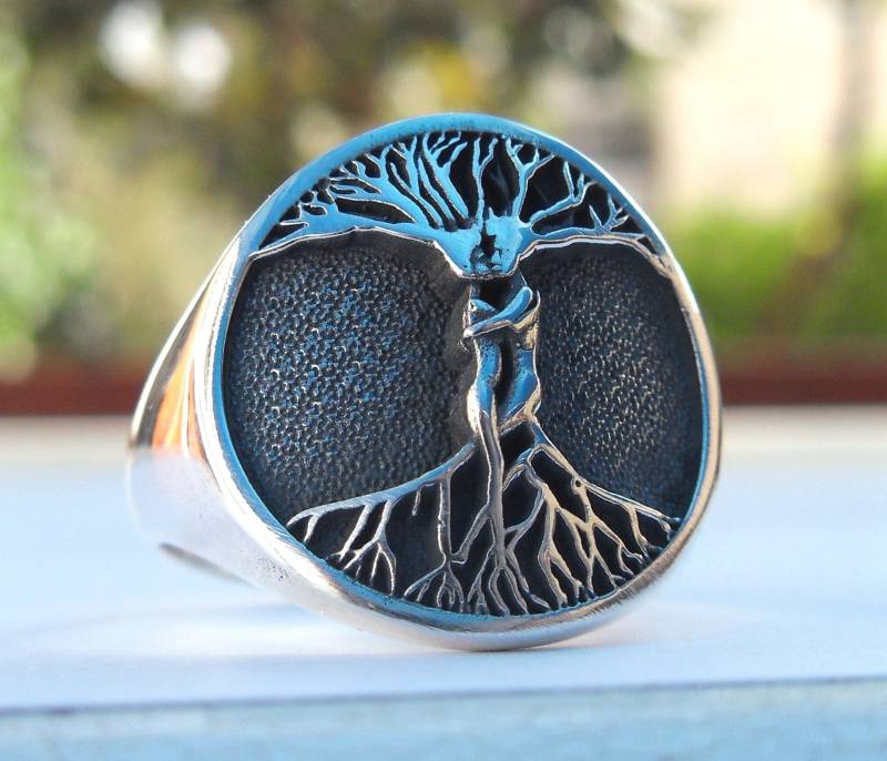 Yggdrasil Baum, Genesis Am Anfang Adam Und Eva Bibel Hölzern Küssend Paar Liebe Handgemachter Ring Aus Massivem Sterlingsilber 925 von MarinaSilverJewelry