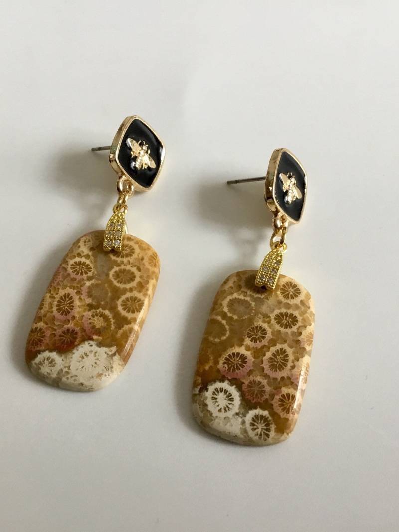 Natural Stone Earrings.coral Fossil Earrings.bee Earrings.yellow Earrings.rectangular Earrings von MarinaSteinDesign