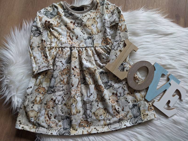 Handmade Kleid Mädchen Babys Sweat Wilde Tiere Beige Braun Langarm Herbst Winter Gr. 50 56 62 68 74 80 86 92 98 104 von Marinakaeferchen