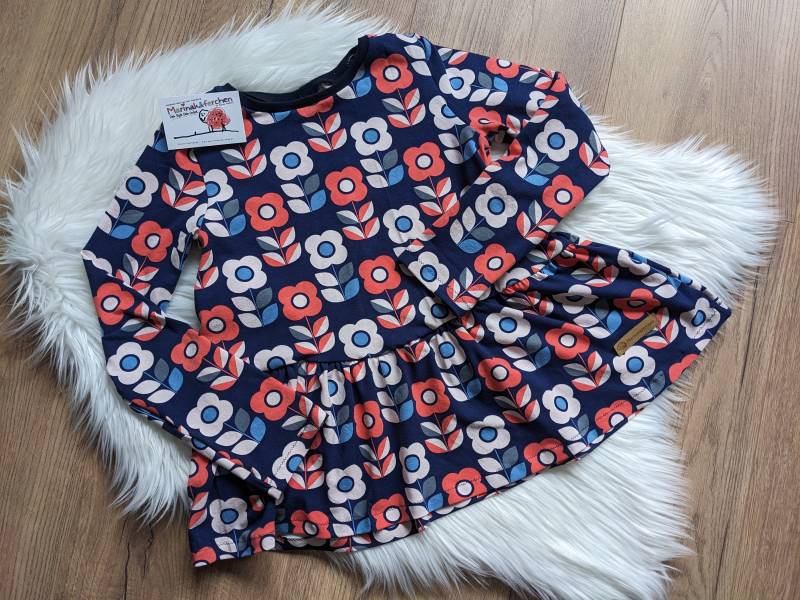 Handmade Kleid Mädchen Retro Blumen Dunkelblau Orange Raffung Jersey 86 92 98 104 110 116 122 128 134 140 146 152 158 164 von Marinakaeferchen