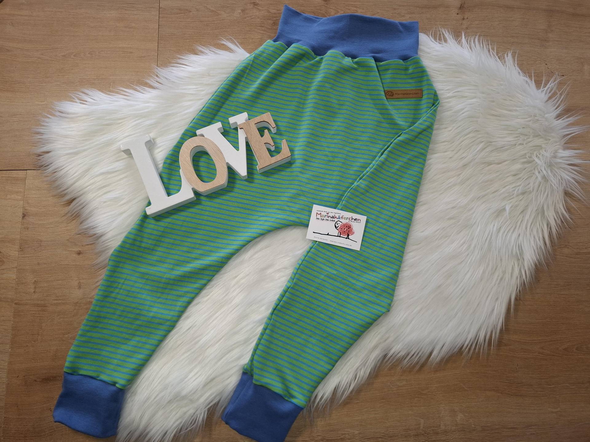 Handmade Pumphose Haremshose Gestreift Streifen Grün Blau Mädchen Jungen Gr. 92 98 104 110 116 122 128 134 140 146 152 158 164 von Marinakaeferchen