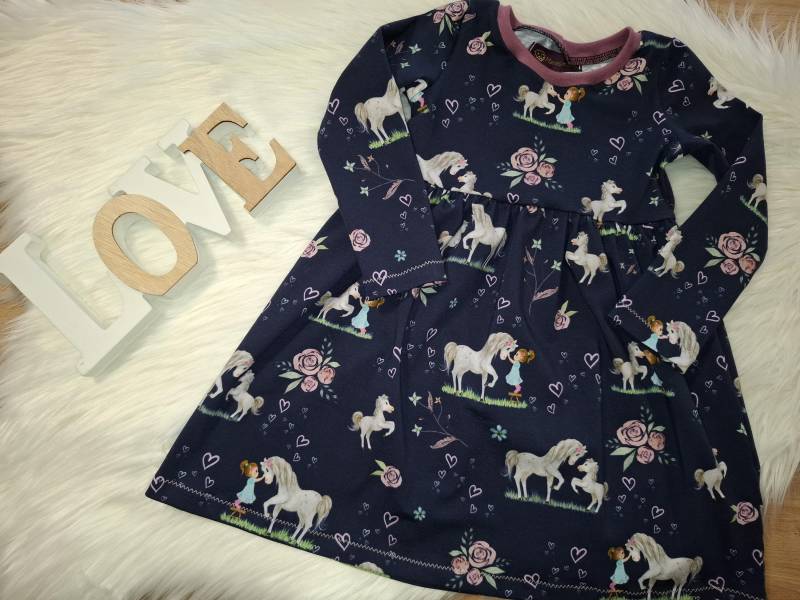 Kleid Herbst Langarm Kurzarm Pferd & Mädchen Dunkelblau Gr. 80 86 92 98 104 110 116 122 128 134 140 146 152 158 Handmade von Marinakaeferchen