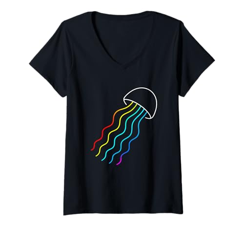 Damen Bunte Quallen-Linienkunst-Design T-Shirt mit V-Ausschnitt Damen Bunte Quallen-Linienkunst-Design T-Shirt mit V-Ausschnitt von Marine Spectrum