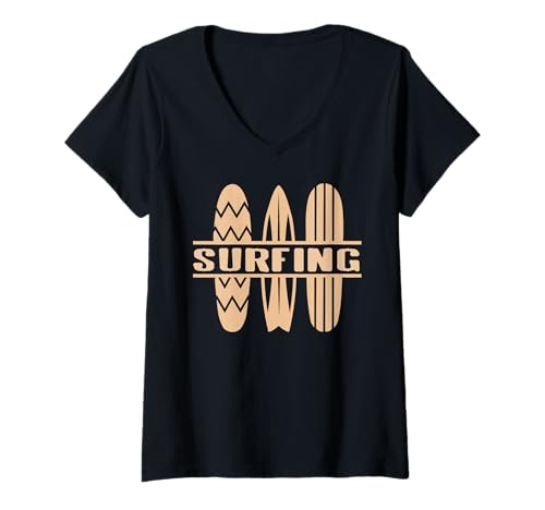 Damen Surfen Surfbrett Fahrer Ozean Welle Sommer Strand T-Shirt mit V-Ausschnitt Damen Surfen Surfbrett Fahrer Ozean Welle Sommer Strand T-Shirt mit V-Ausschnitt von Marine Surfkultur und Strandliebhaber