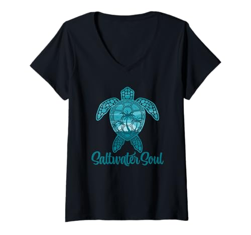 Damen Saltwater Soul Tropische Meeresschildkröte mit Palmen T-Shirt mit V-Ausschnitt Damen Saltwater Soul Tropische Meeresschildkröte mit Palmen T-Shirt mit V-Ausschnitt von Marine Wildlife Turtle Ocean Inspired Coastal Art