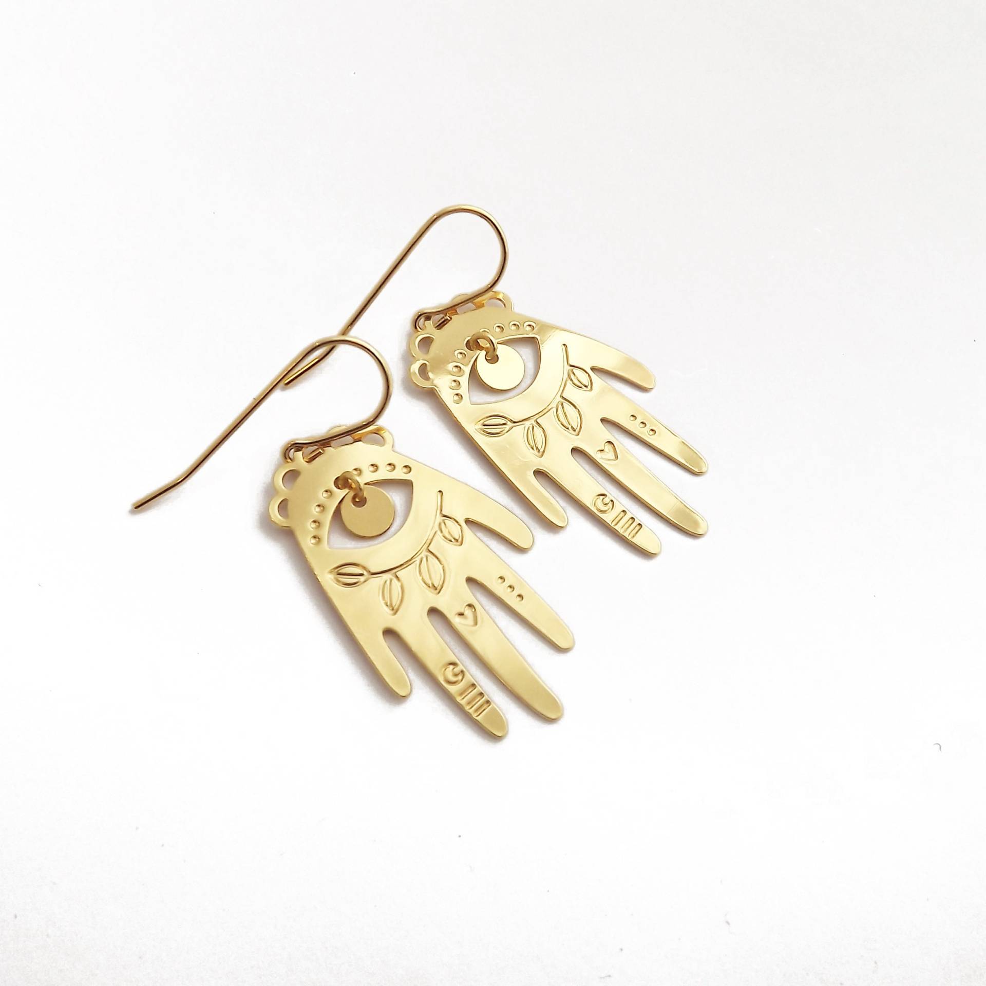 Luckyhand Ohrringe Aus Vergoldetem Messing, Hand, Auge, Originalschmuck, Talisman, Seefehler von MarineMistake