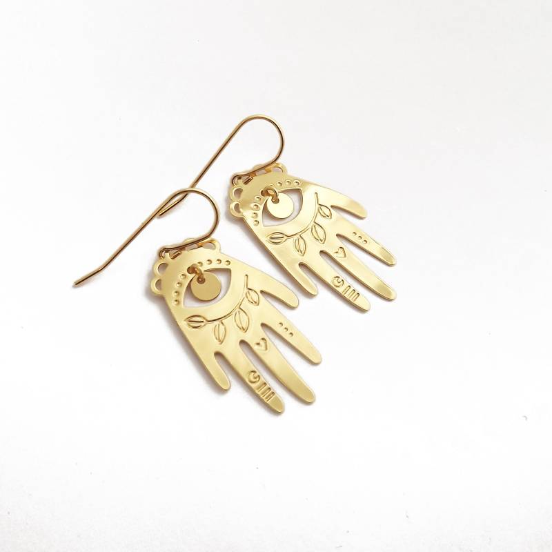 Luckyhand Ohrringe Aus Vergoldetem Messing, Hand, Auge, Originalschmuck, Talisman, Seefehler von MarineMistake