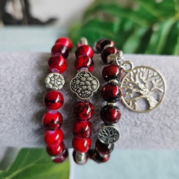 Armbänder Perlen 3Er-Set Rot Lebensbaum von MarioMariani