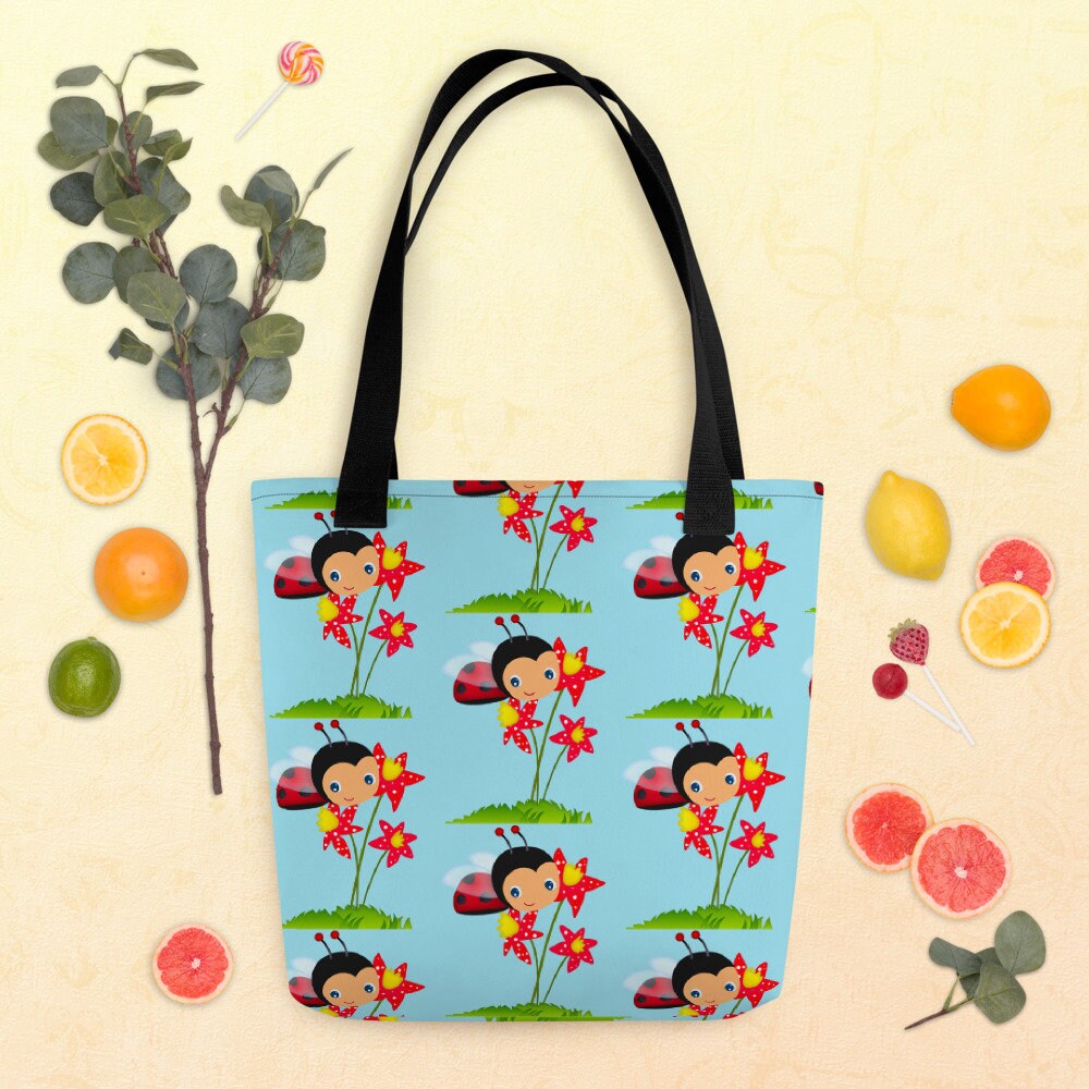 Lady Bug All-Over Print Tote Bag 15" × Doppelgriffe Aus 100% Naturbelassener Baumwolle Bull Denim. in Den Laptop Werfen, Einkaufen Oder Bücher von MariquitaSeniorita