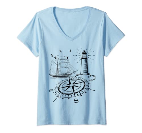 Damen Maritim Leuchtturm Kompass Segelschiff Geschenkidee T-Shirt mit V-Ausschnitt von Maritim Leuchtturm Kompass Segelschiff shurikaner