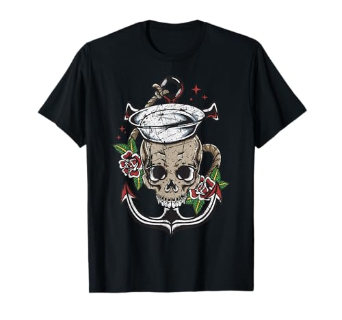 Cooler Seemann Skull Totenkopf Kapitän Männer Retro Tattoo T-Shirt von Maritim Nautik Norddeutsch Küste Design Idee