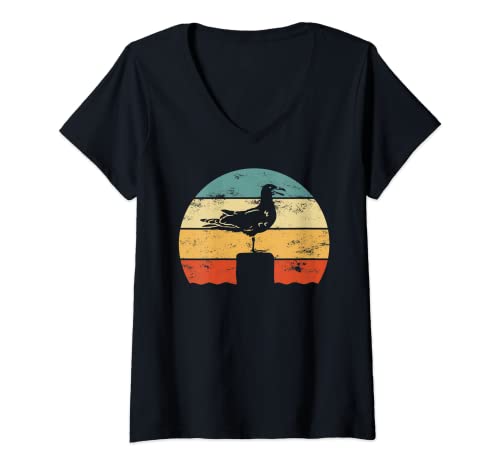 Damen Möwe retro sun Design für Fans von Meer, Küste und Möwen T-Shirt mit V-Ausschnitt von Maritime Geschenkideen mit Vogel Möwen Motiven