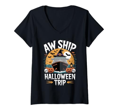 Damen AW-Schiff Halloween Trip Cruise Enthusiasten Gruselige Feier T-Shirt mit V-Ausschnitt von Maritime Spook Squad Collective