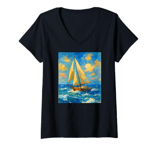 Damen Wo der Horizont das Meer berührt - Über Wellen mit Segelboot T-Shirt mit V-Ausschnitt Damen Wo der Horizont das Meer berührt - Über Wellen mit Segelboot T-Shirt mit V-Ausschnitt von Maritimes Lebensgefühl: Freiheit Segeln Segelboot