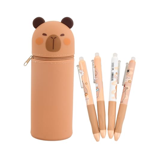 Marjoramy 2 in 1 Weiche Silikontasche Kawaii Federmäppchen, Mit 4 Stiften, Wasserschwein Stand Up Federmäppchen, Tier Stifthalter, Einziehbarer Stifthalter mit Reißverschluss, für Mädchen und Jungen von Marjoramy