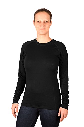 MarkFit Damen T-Shirt 100% Merino Wolle Langarm Funktionsshirt Skiunterwäsche Rundhals Schwarz L von MarkFit