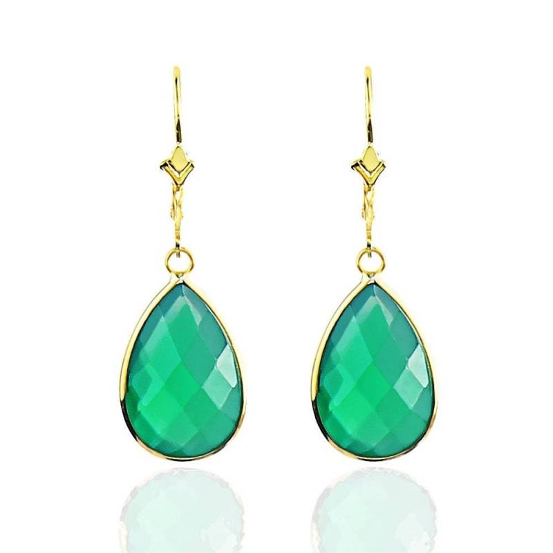 14K Gelb Gold Handgemachte Ohrringe Mit Baumelnden Birne Form Grünen Onyx von MarkMadisonJewelry