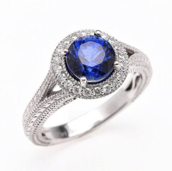 Saphir Verlobungsring - Runder Ehering Halo Ring Weißgold von MarkWayneInc